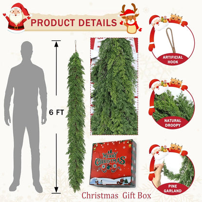 2 Pcs 6FT Real Touch Christmas Garland - Lifelike Cedar Garland for Indoor/Outdoor Decor