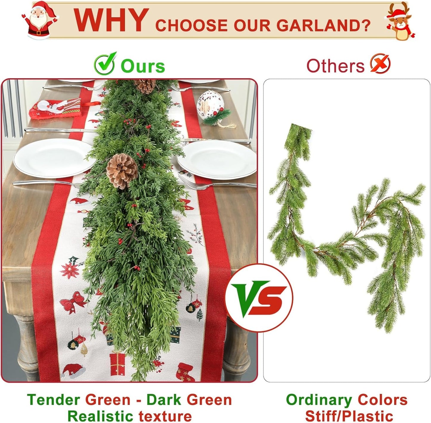 2 Pcs 6FT Real Touch Christmas Garland - Lifelike Cedar Garland for Indoor/Outdoor Decor
