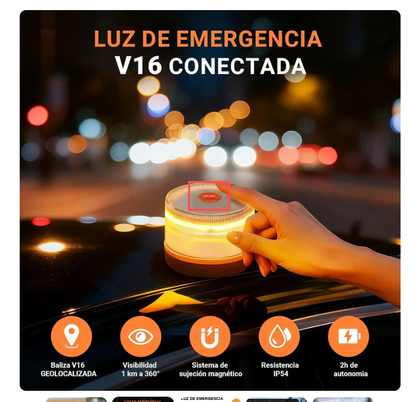 DarkFairy Luz de Emergencia V16 Aprobada por la DGT con Geolocalización 3.0 – Señalización de Ubicación para Automóviles, Plan de Datos Incluido – Base Magnética IP54 – Cumple con la Normativa 2026.